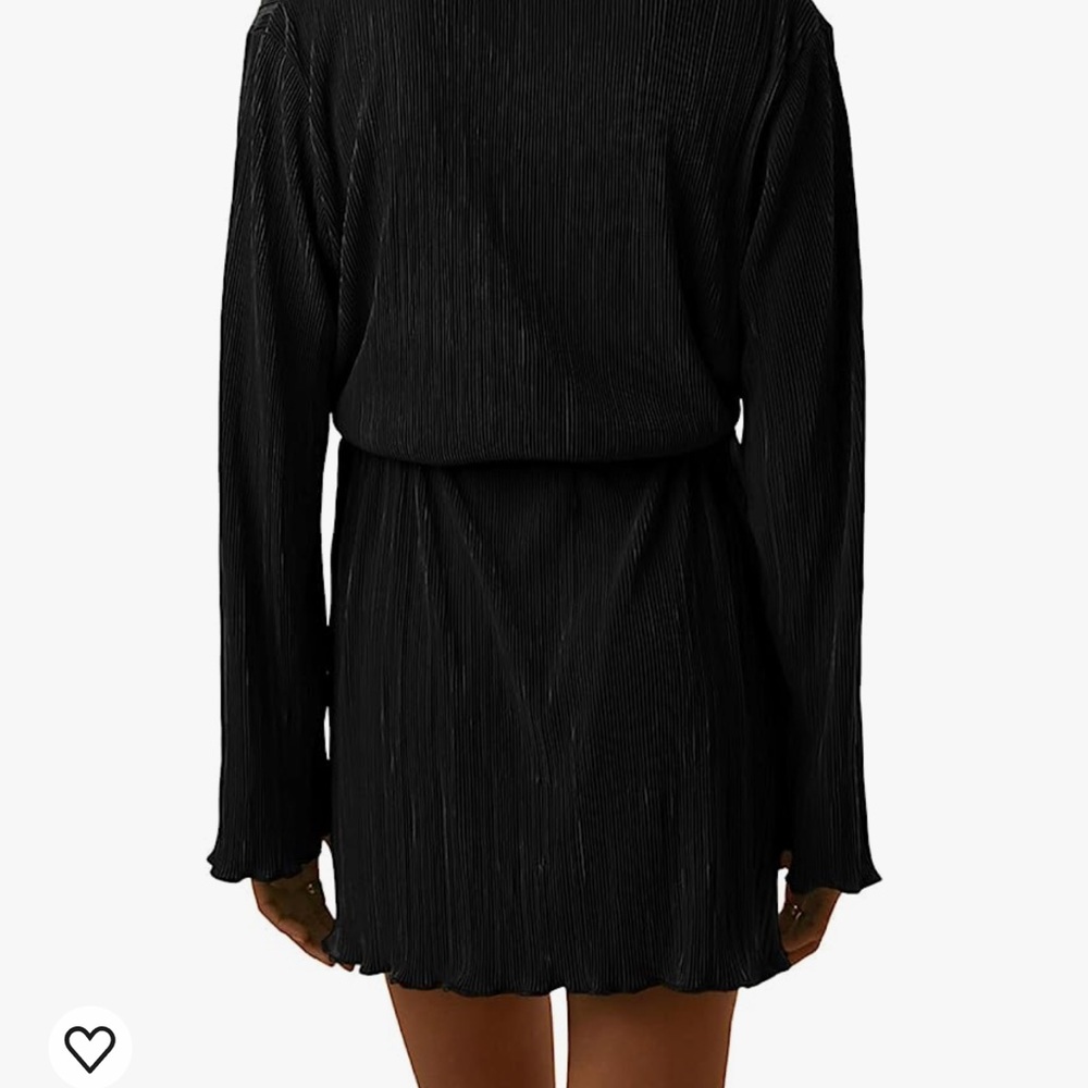 Women’s collar vneck button down pleated long sleeve mini shirt dress with belt - Picture 3 of 4